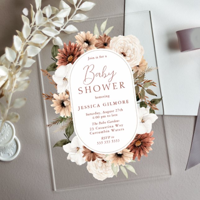 Boho Floral Frame Neutral Baby Shower Acrylic Invitations (Creator Uploaded)