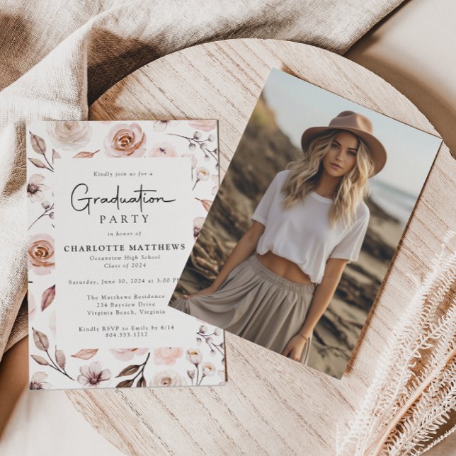Boho Floral Frame Photo Graduation  Invitation (Creator Uploaded)
