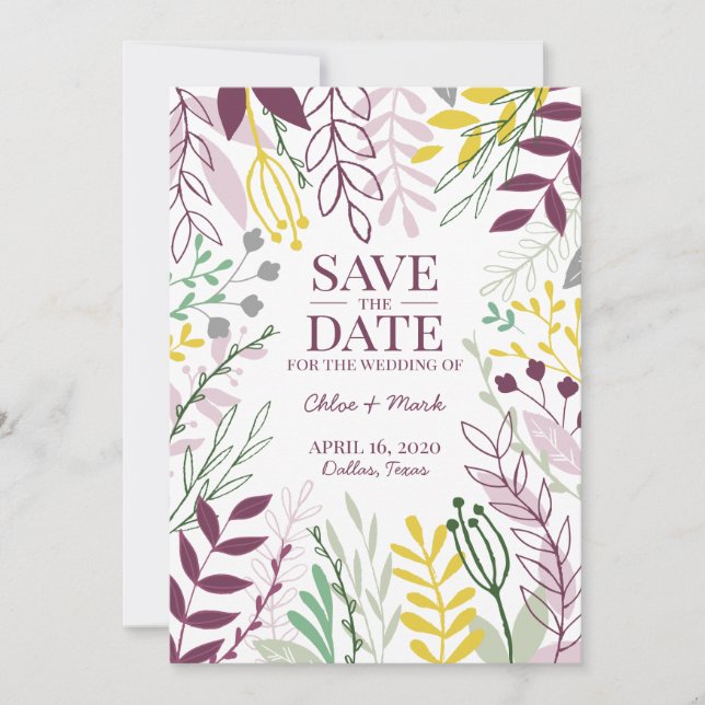 Boho Floral Garden Summer Fall Cassis MellowYellow Save The Date (Front)
