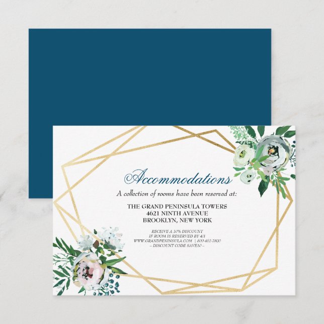 Boho Floral Geometric Blue Wedding Details Enclosure Card (Front/Back)