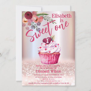 Boho floral Girly cupcake Rose gold glittery     Invitation