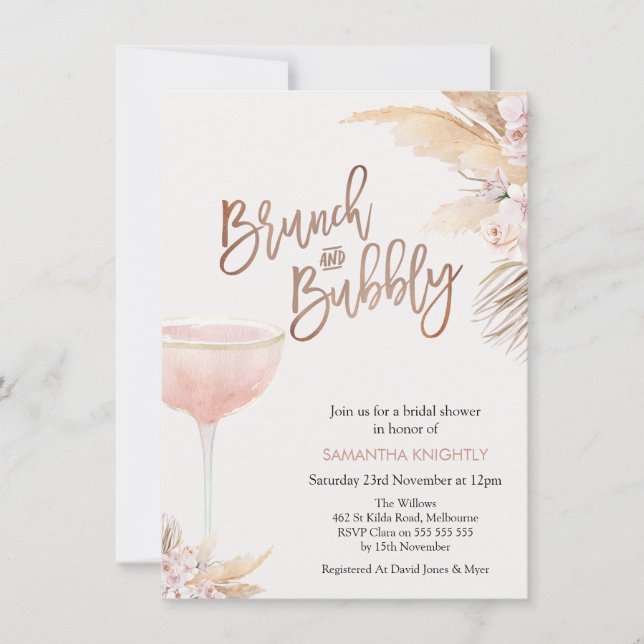 Boho Floral Glass Brunch Bubbly Bridal Shower Invitation (Front)