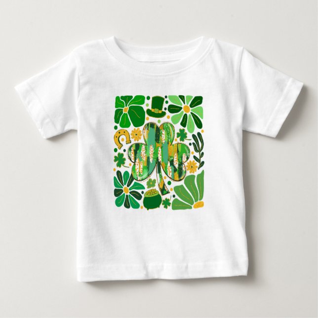 Boho Floral Glitter St Patrick Day Shamrock Baby T-Shirt (Front)