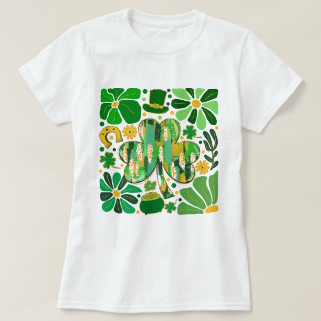Boho Floral Glitter St Patrick Day Shamrock T-Shirt (Design Front)