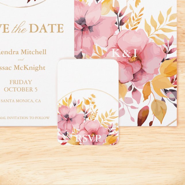 Boho Floral Gold and Pink RSVP with QR Code  Enclosure Card (Creator Uploaded)