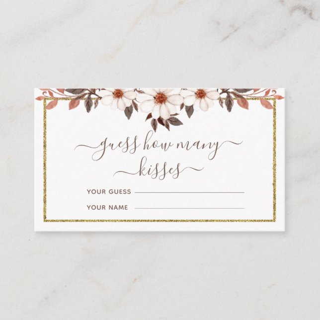 Boho Floral Gold Frame How Many Kisses Bridal Game Enclosure Card (Front)