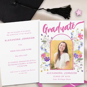 Boho Floral Graduate Photo Arch Pink Script Announcement