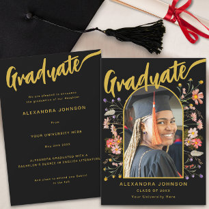 Boho Floral Graduate Photo Black and Gold Script Announcement