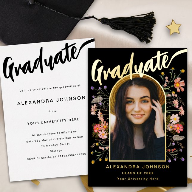 Boho floral Graduate Photo Grad Party Script Gold (Boho floral arch graduate photo black and gold foil calligraphy graduation party invitation)
