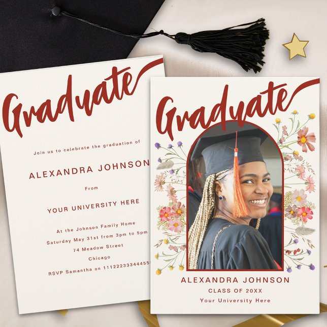 Boho Floral Graduate Photo Script Graduation Party Invitation (Boho floral arch graduate photo burnt orange calligraphy script graduation party invitation )