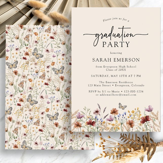 Boho Floral Graduation Invitation (Watercolor Boho Floral Graduation Party Invitation with Butterfly by Painted Paperie
)