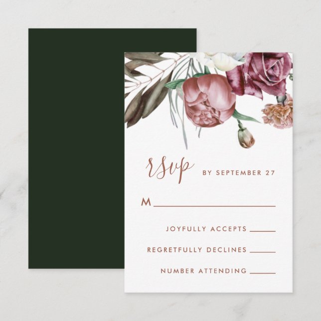 Boho Floral Green Modern Script Wedding RSVP Card (Front/Back)