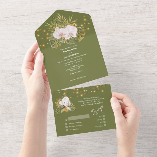 Boho floral green orchid wildflower island wedding all in one invitation (Tearaway)