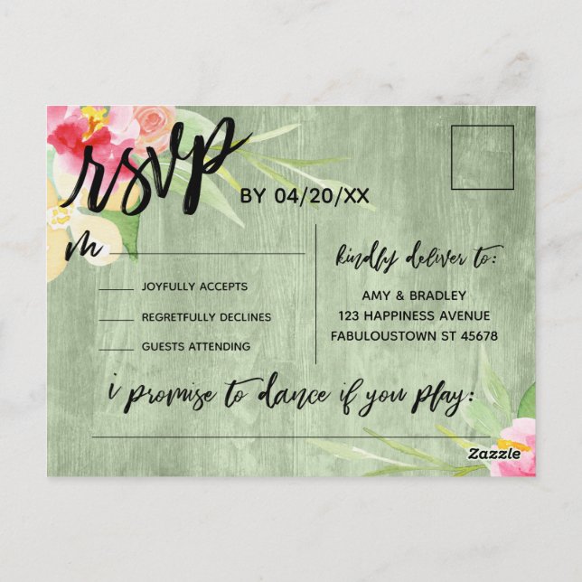Boho Floral Green Rustic Wood Song Request RSVP Postcard (Back)
