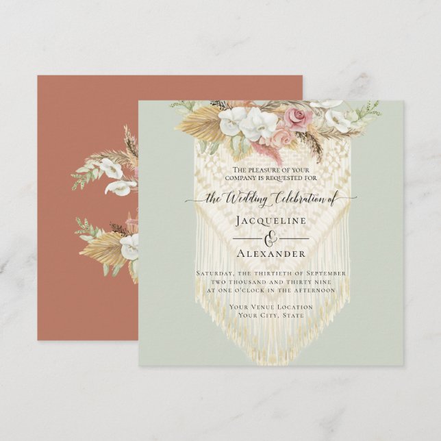 BOHO Floral Greenery Pampas Grass Macrame Wedding Invitation (Front/Back)