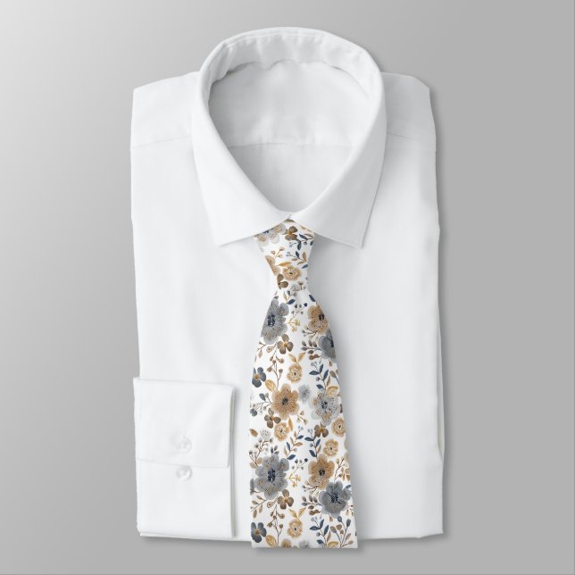 Boho Floral Grey Brown Neutral Colour Wedding Groo Tie (Tied)