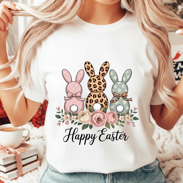 Boho Floral Happy Easter Bunnies Leopard Polka Dot T-Shirt (Creator Uploaded)
