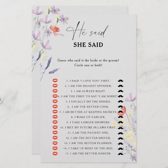 Boho Floral He said she said bridal shower game (Front/Back)