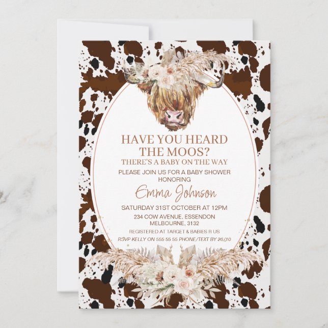 Boho Floral Highland Cow Cowhide Baby Shower Invitation (Front)