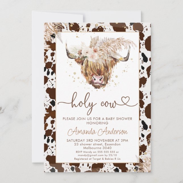 Boho Floral Highland Cow Heart Text Baby Shower Invitation (Front)