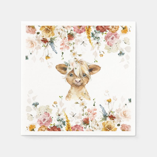 Boho Floral Highland Cow  Napkin (Front)