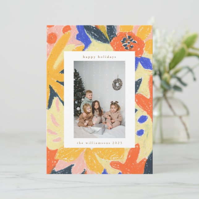 Boho Floral Holiday Photo Hand-Painted Abstract  Card (Standing Front)