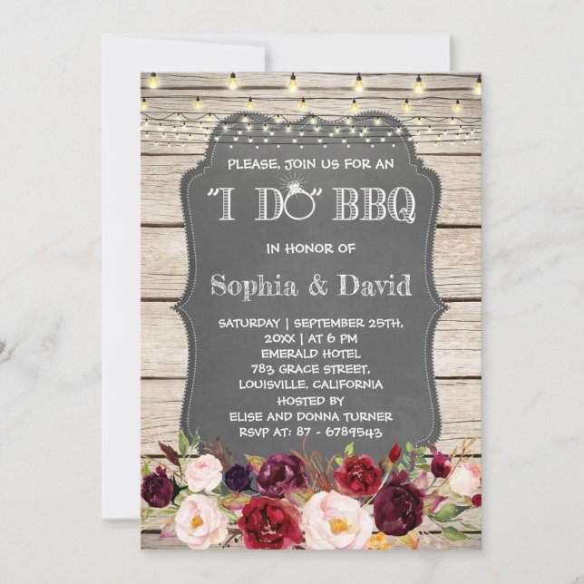 Boho Floral I DO BBQ Chalkboard Barn Engagement Invitation (Front)