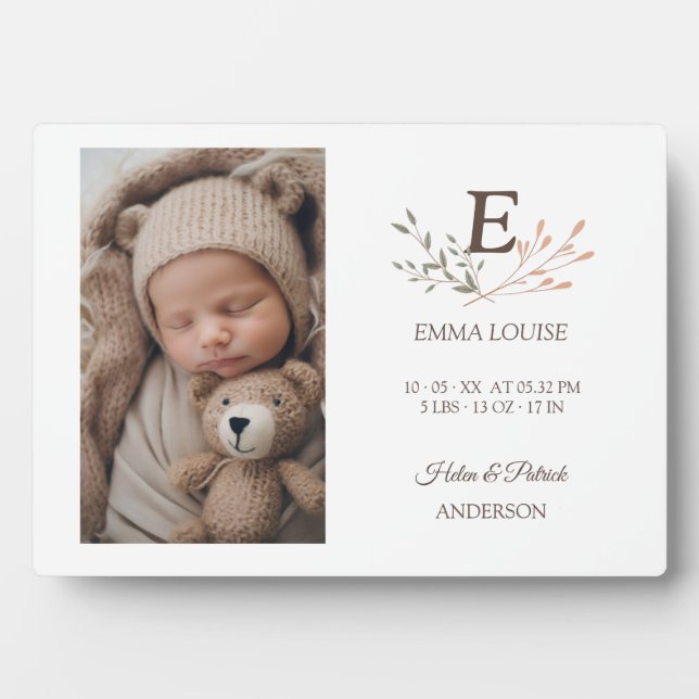 Boho Floral Initial Baby Newborn Plaque (Front)
