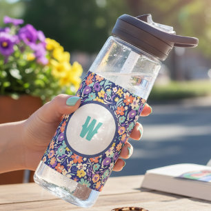 Boho Floral Initial – Monogram Gift for Her Water Bottle