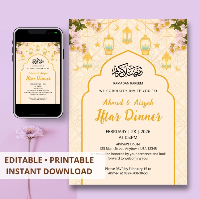 Boho Floral Lantern Gold Arch Iftar Dinner Invitation (Creator Uploaded)