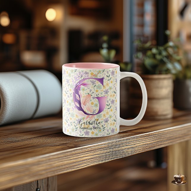 Boho floral letter G monogram art Two-Tone Coffee Mug (Creator Uploaded)