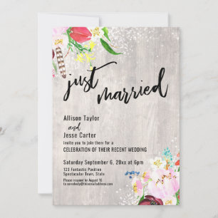 Boho Floral Lights Rustic Wood Just Married Party Invitation