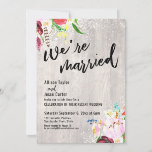 Boho Floral Lights Rustic Wood We're Married Party Invitation