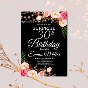 Boho Floral & Lights Surprise 30th Birthday Invitation