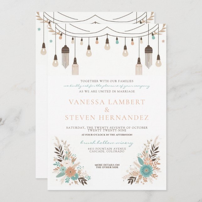 Boho Floral Lights Wedding Invitation (Front/Back)