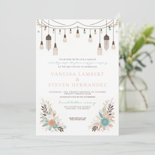 Boho Floral Lights Wedding Invitation (Standing Front)