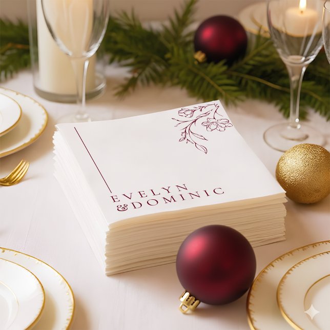 Boho Floral Line Art Burgundy Wedding Party Napkin (Creator Uploaded)