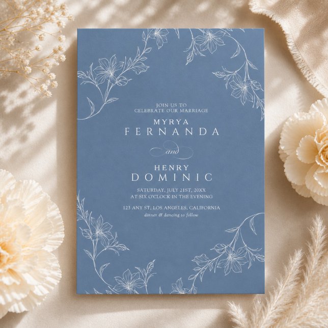 Boho Floral Line Art Dusty Blue Wedding Invitation (Creator Uploaded)