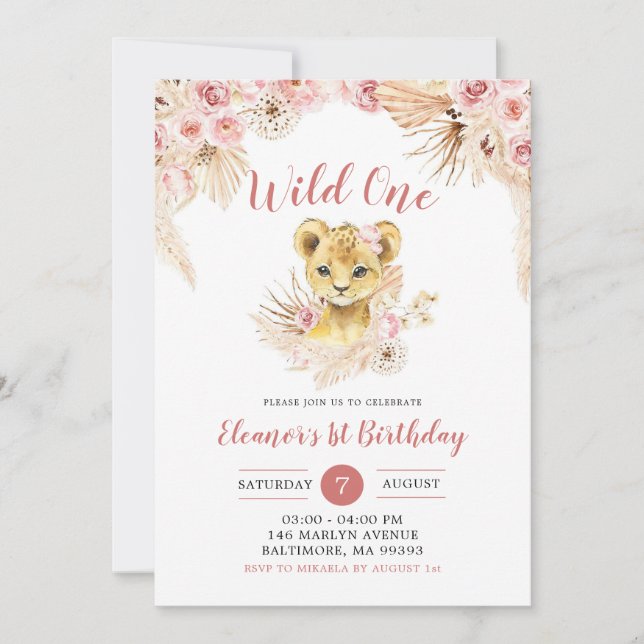 Boho Floral Lion Cub Wild One Birthday Invitation (Front)
