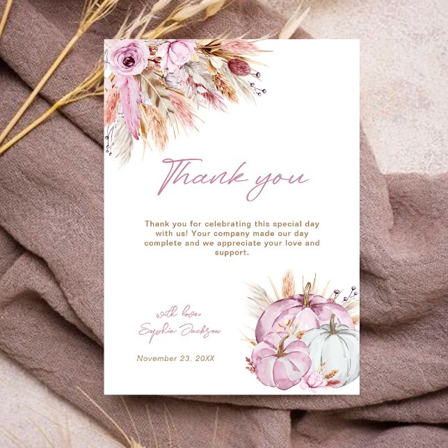 Boho Floral Little Pink Pumpkins Baby Shower Thank You Card (Creator Uploaded)