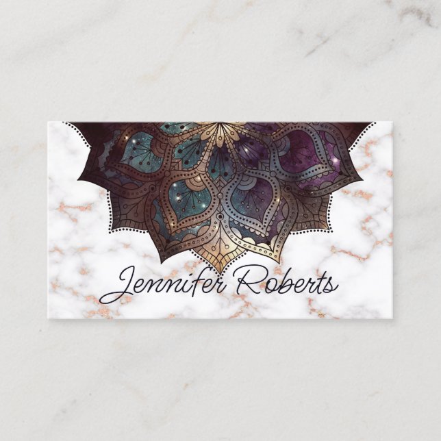 Boho Floral Mandala Rose Gold Marble Yoga Elegant Business Card (Front)