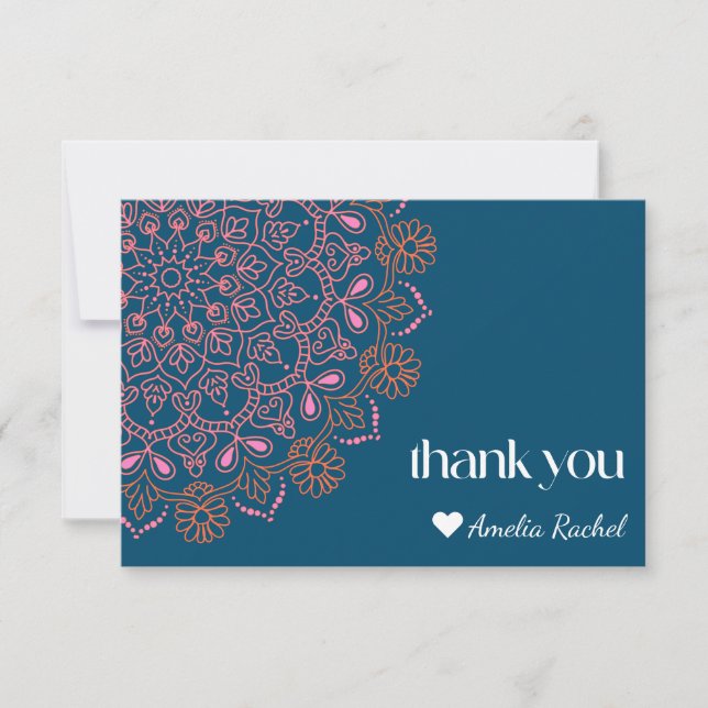 Boho Floral Mandala Teal Blue Bat Mitzvah Custom Thank You Card (Front)