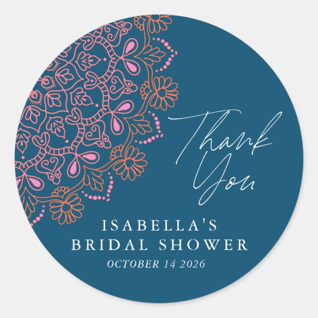 Boho Floral Mandala Teal Blue Bridal Shower  Classic Round Sticker (Front)