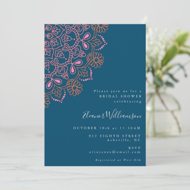 Boho Floral Mandala Teal Blue Bridal Shower Invitation (Standing Front)