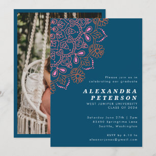 Boho Floral Mandala Teal Blue Graduation Party Invitation