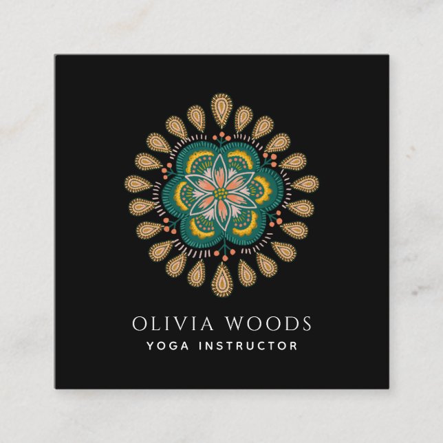 Boho Floral Mandala Yoga Instructor Square Business Card (Front)