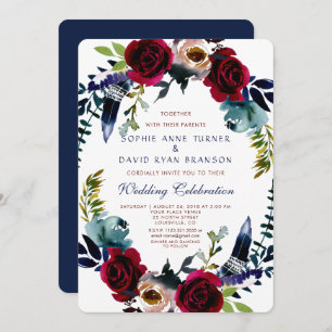 Boho Floral Marsala Navy Blue Wedding Invite