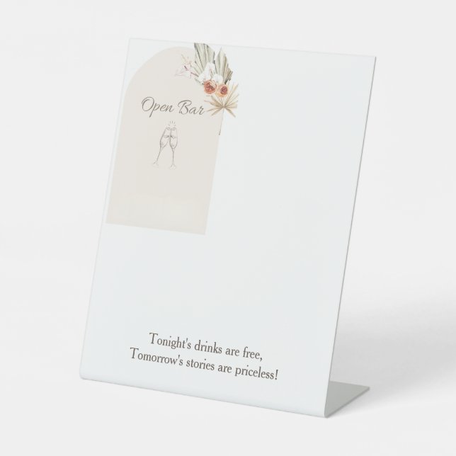 Boho Floral Minimalist Wedding Open Bar Pedestal Sign (Front)