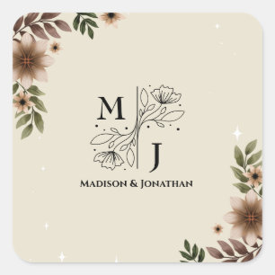 Boho Floral Minimalist Wedding Square Sticker