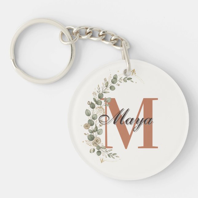 Boho Floral Monogram Personalised Key Ring (Front)